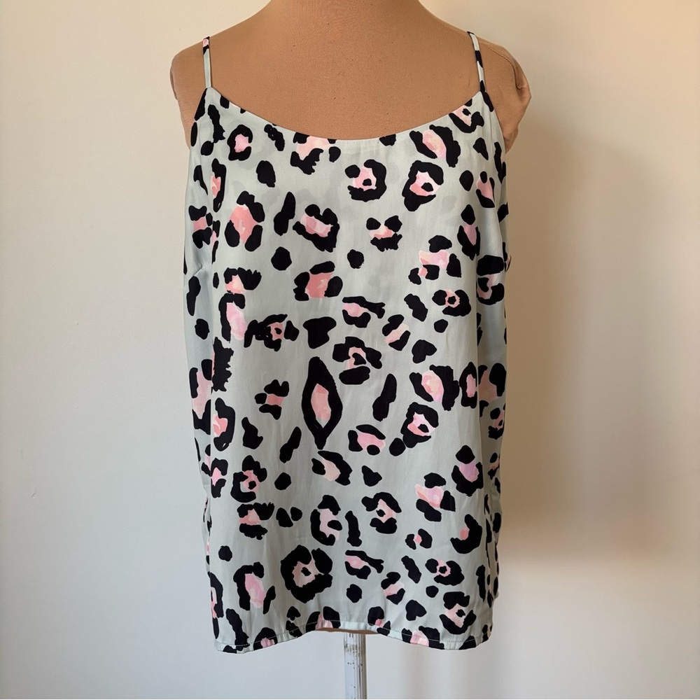 David Lerner Eva Blue Pink Painted Leopard Print Scoop Neck Cami Camisole Nwt L